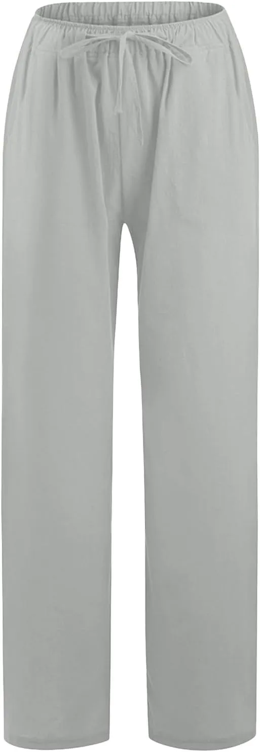 Women's Linen Blend Summer Pull On Pants Low Waist Ankle Length Slim Fit Trousers Travel