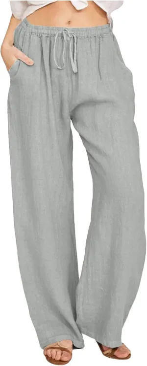 Women's Linen Blend Summer Pull On Pants Low Waist Ankle Length Slim Fit Trousers Travel