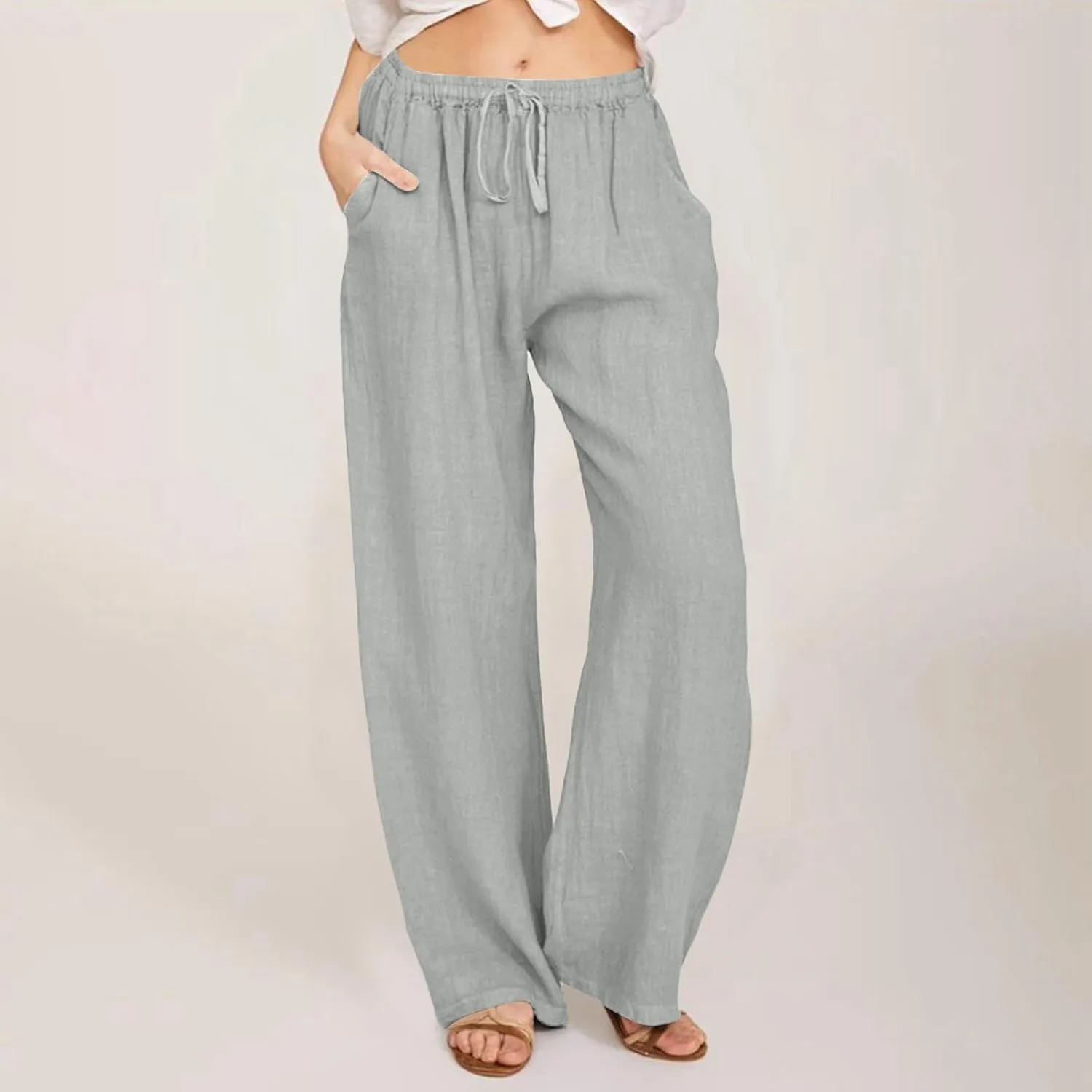Women's Linen Blend Summer Pull On Pants Low Waist Ankle Length Slim Fit Trousers Travel