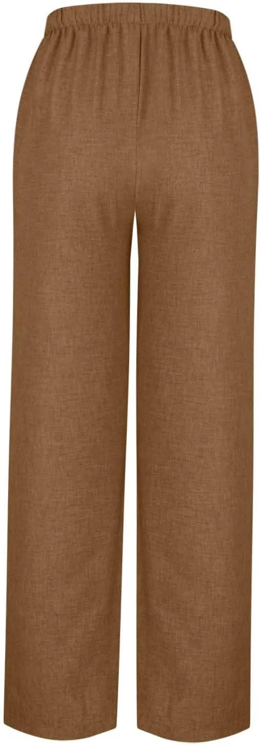 Women's Linen Blend Wide Leg Pants Tie Elastic Waist Casual Palazzo Trousers with Pockets Casual Beach Long Slacks