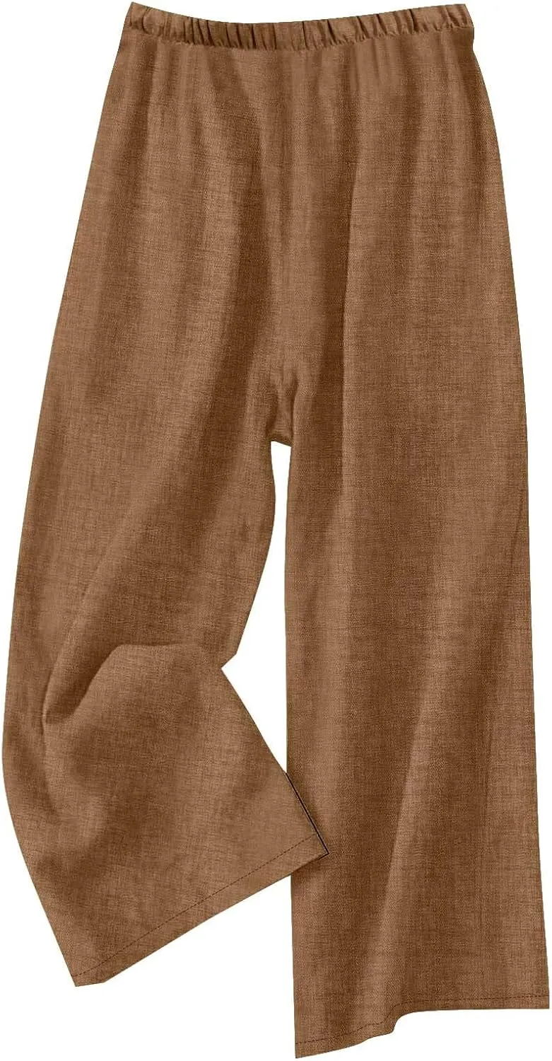 Women's Linen Blend Wide Leg Pants Tie Elastic Waist Casual Palazzo Trousers with Pockets Casual Beach Long Slacks