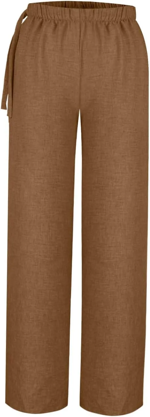 Women's Linen Blend Wide Leg Pants Tie Elastic Waist Casual Palazzo Trousers with Pockets Casual Beach Long Slacks