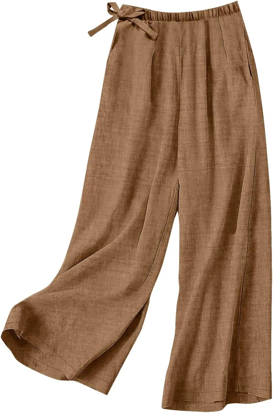 Women's Linen Blend Wide Leg Pants Tie Elastic Waist Casual Palazzo Trousers with Pockets Casual Beach Long Slacks