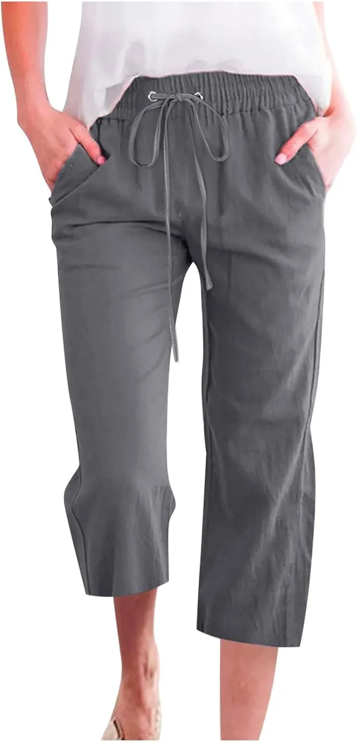 Womens Linen Capri Pants 2024 Summer Casual High Waist Drawstring Elastic Loose Soft Pockets Wide Leg Cropped Trousers, X-Large