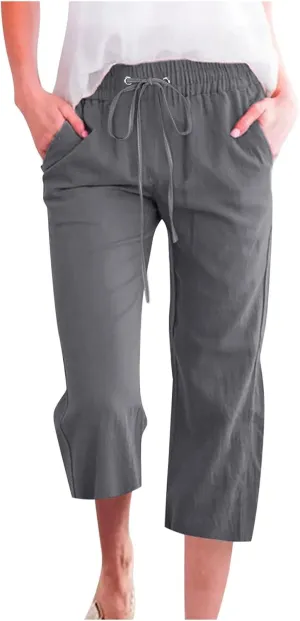 Womens Linen Capri Pants 2024 Summer Casual High Waist Drawstring Elastic Loose Soft Pockets Wide Leg Cropped Trousers, X-Large