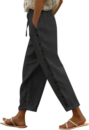 Womens Linen Capri Pants with Drawstring Petite Side Button Summer Beachwear Lightweight Elastic Waist Trousers
