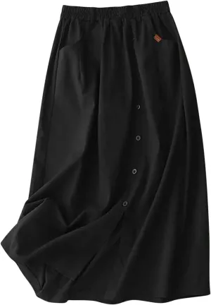 Womens Linen Cotton Midi Skirt Summer Causal Elastic Waist Loose Fit Pleated Split Button Pocket Skirt Trendy Clothes
