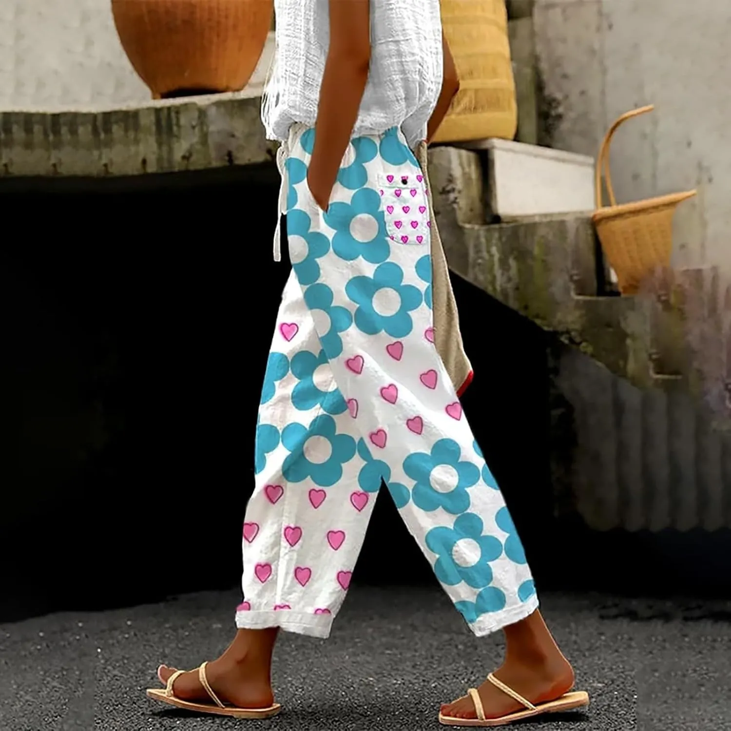 Womens Linen Cotton Pants with Pockets Loose High Waist Wide Leg Lounge Comfy Casual Lightweight Loose Trousers