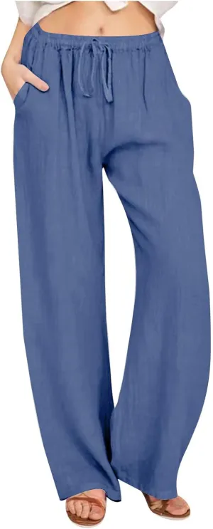 Women's Linen Palazzo Pants Casual Drawstring Elastic Waist Trousers Loose Fit Cotton Blend Loose Athletic Pants