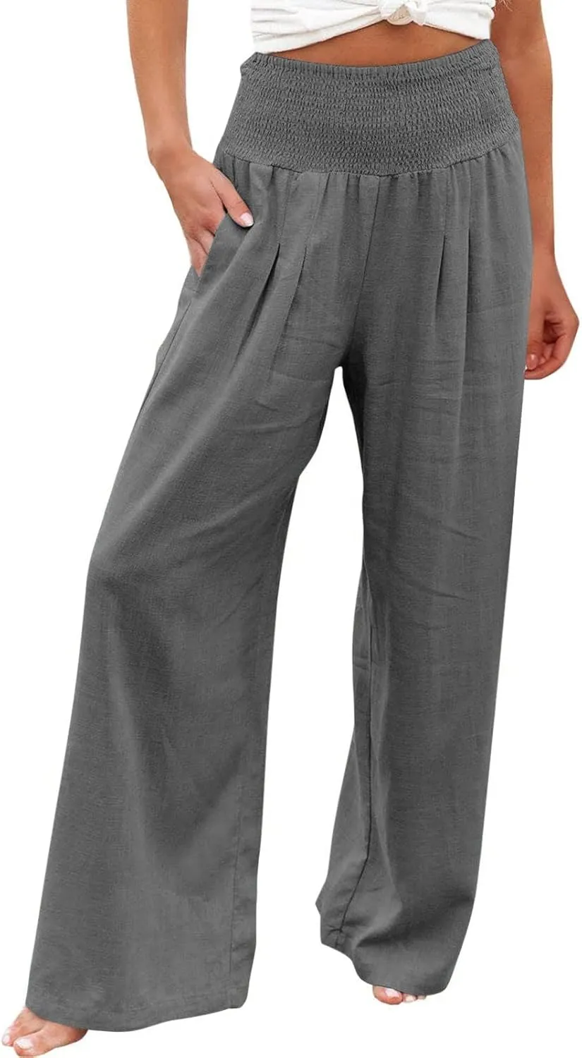Women's Linen Pants 2025 Summer Casual Loose Wide Leg Palazzo Pants Spring High Waist Flowy Trousers Beach Outfits