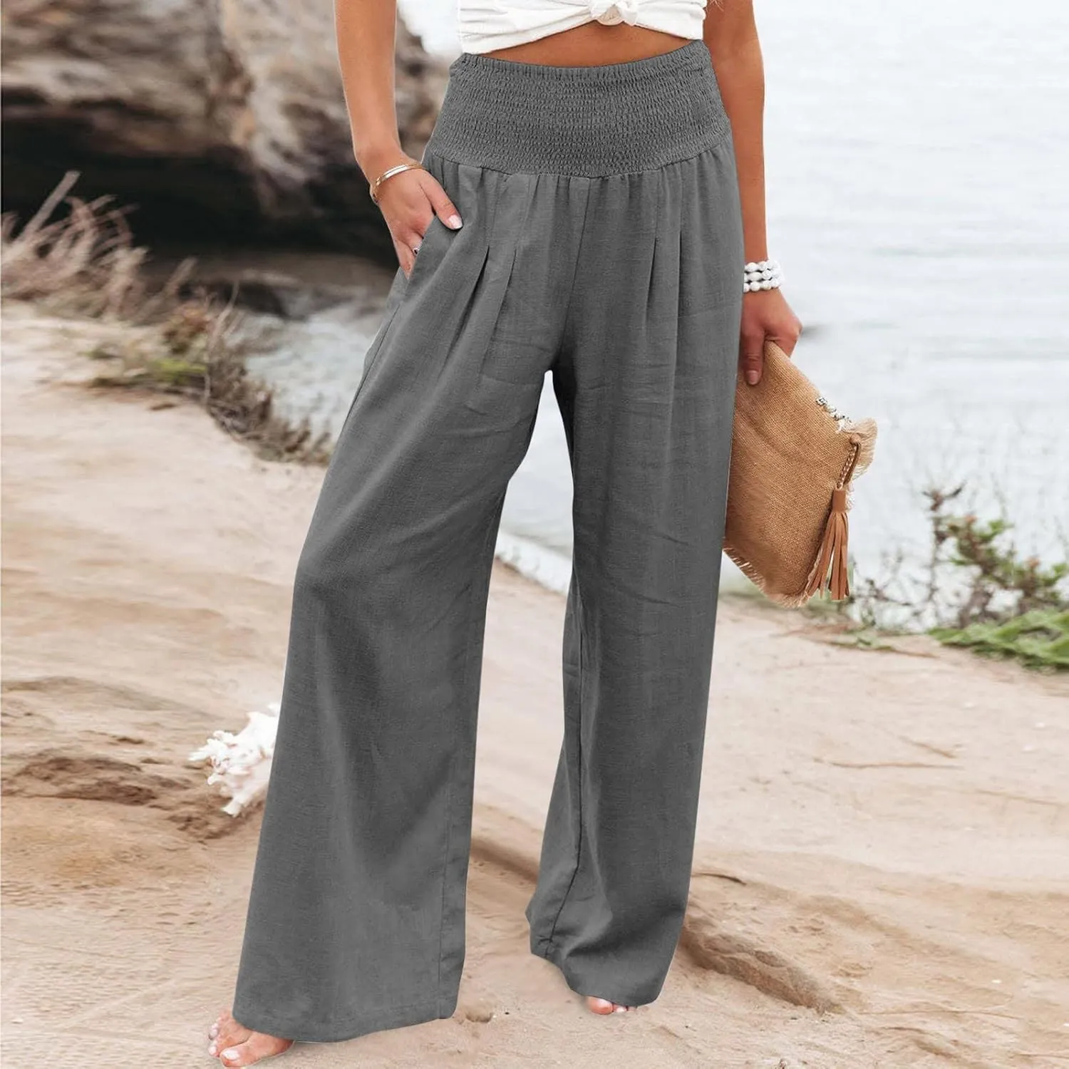 Women's Linen Pants 2025 Summer Casual Loose Wide Leg Palazzo Pants Spring High Waist Flowy Trousers Beach Outfits