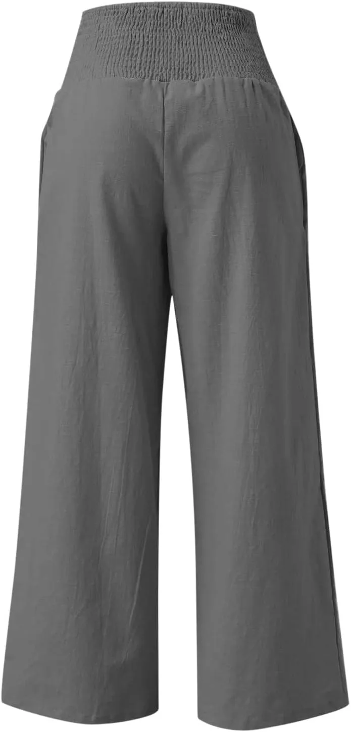 Women's Linen Pants 2025 Summer Casual Loose Wide Leg Palazzo Pants Spring High Waist Flowy Trousers Beach Outfits