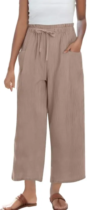 Women's Linen Pants Casual Drawstring High Waisted Wide Leg Capri Pant Summer Baggy Palazzo Trousers with Pockets