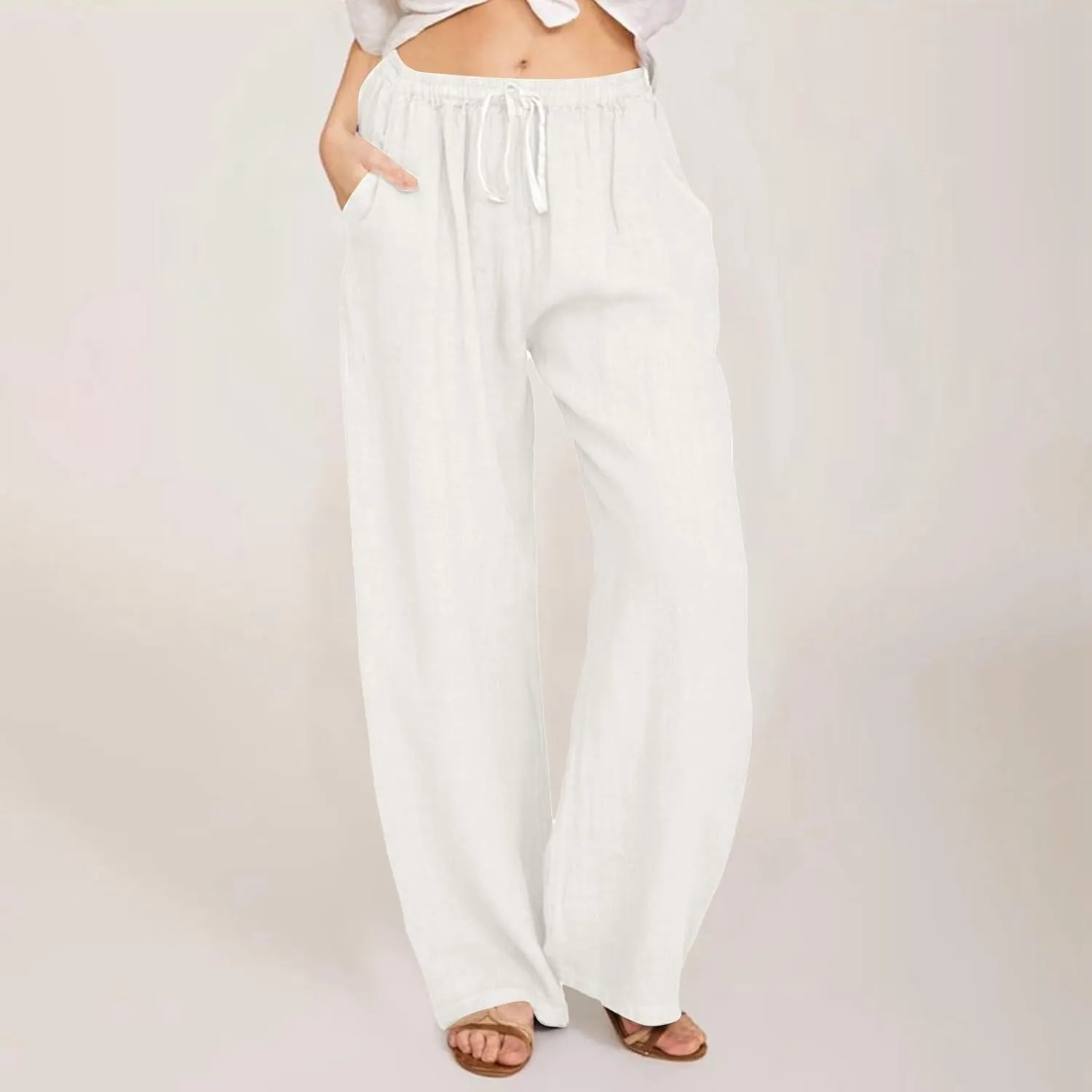 Womens Linen Pants Casual Summer Loose Beach Solid Color Plus Size High Waist Linen Pants Plus Size Trousers with Pockets