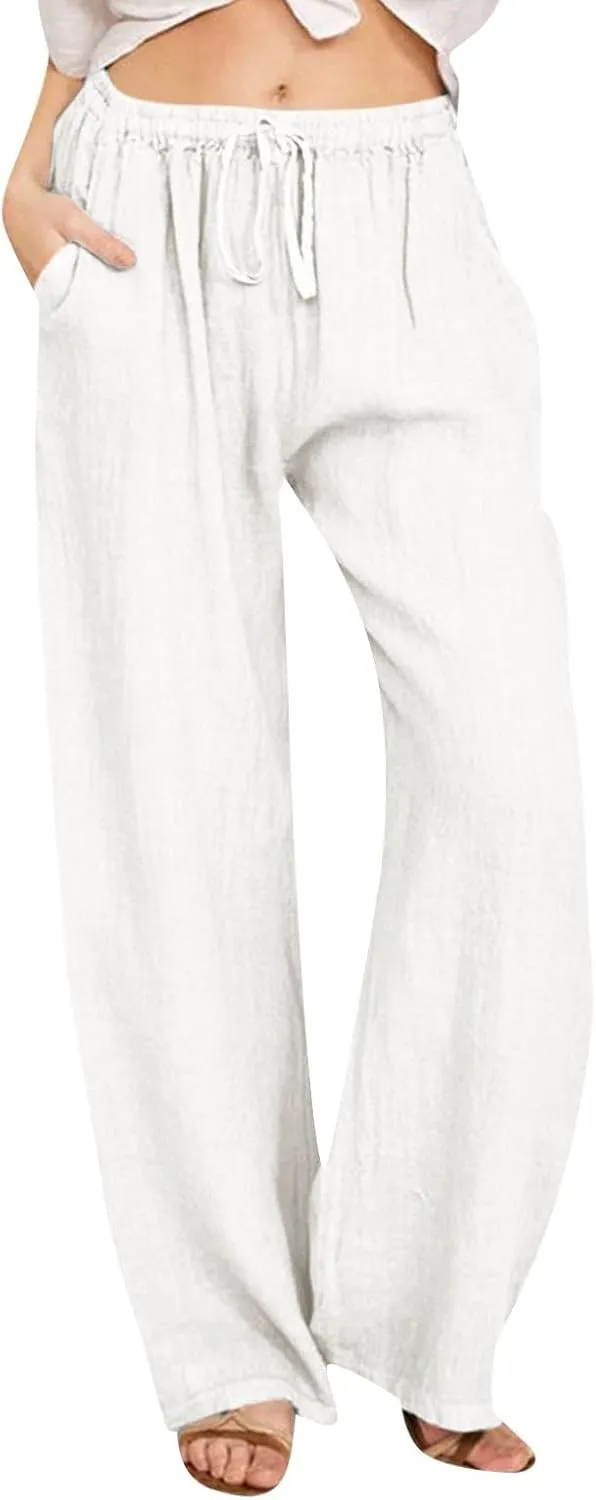 Womens Linen Pants Casual Summer Loose Beach Solid Color Plus Size High Waist Linen Pants Plus Size Trousers with Pockets