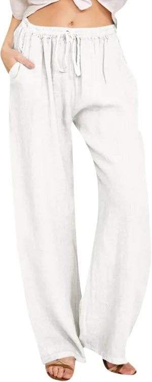 Womens Linen Pants Casual Summer Loose Beach Solid Color Plus Size High Waist Linen Pants Plus Size Trousers with Pockets