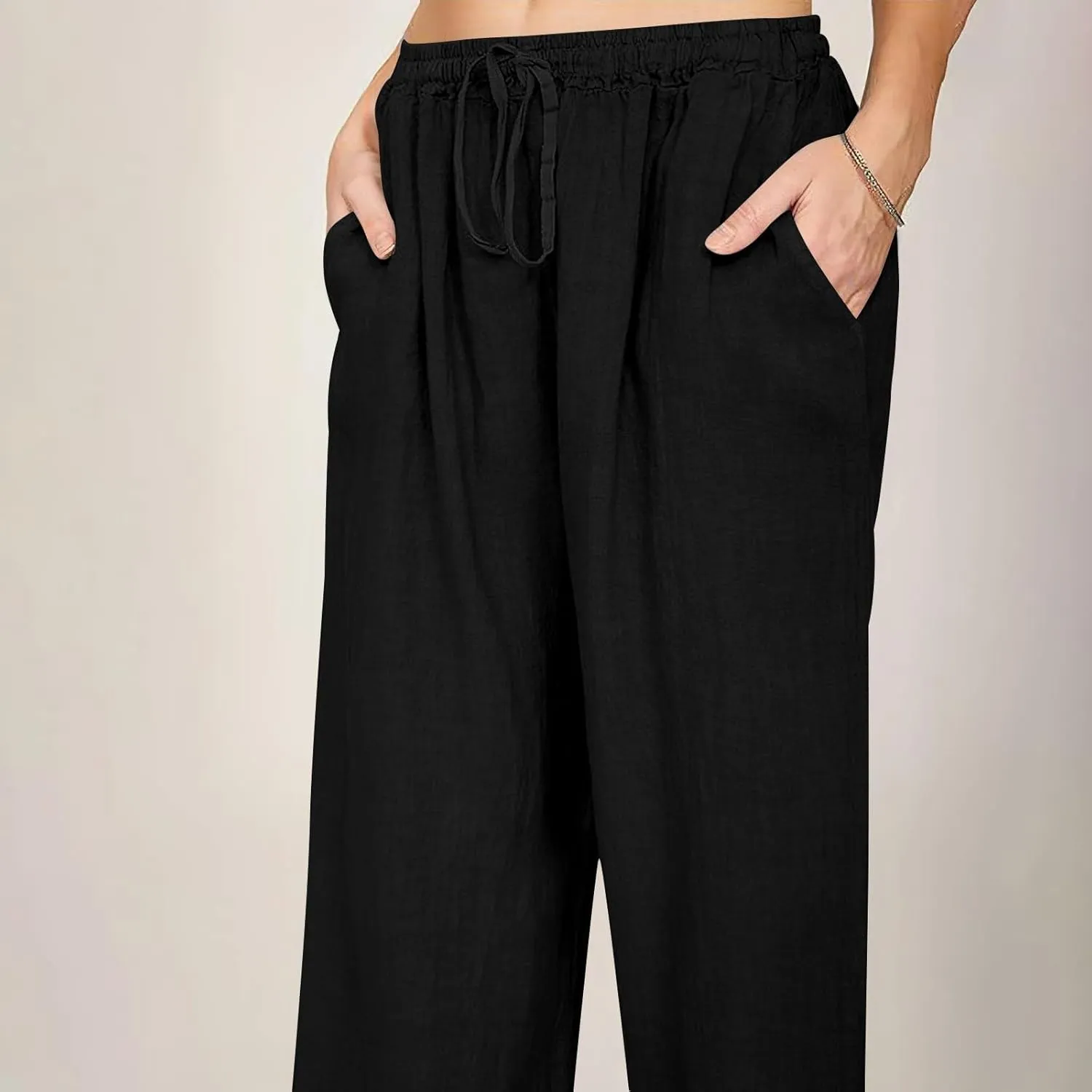 Women's Linen Pants Casual Summer Loose Solid Color Boho Plus Size High Waisted Linen Pants Plus Size Trousers with Pockets