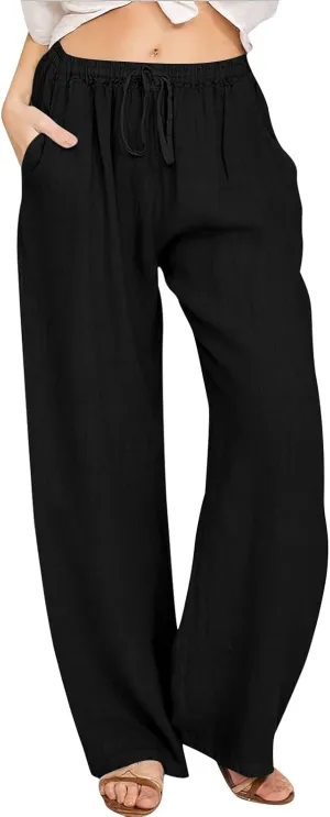 Women's Linen Pants Casual Summer Loose Solid Color Boho Plus Size High Waisted Linen Pants Plus Size Trousers with Pockets