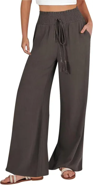 Women's Linen Pants Summer Casual Flowy Palazzo Beach Pants Drawstring High Waisted Wide Leg Trousers Vacation Slacks
