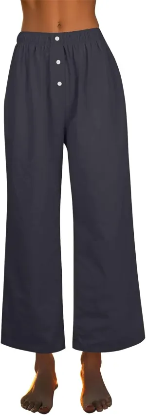 Women's Linen Pants Summer Wide Pants High Waist Trouser Loose Palazzo Pant Dressy with Pockets (S-2Xl)