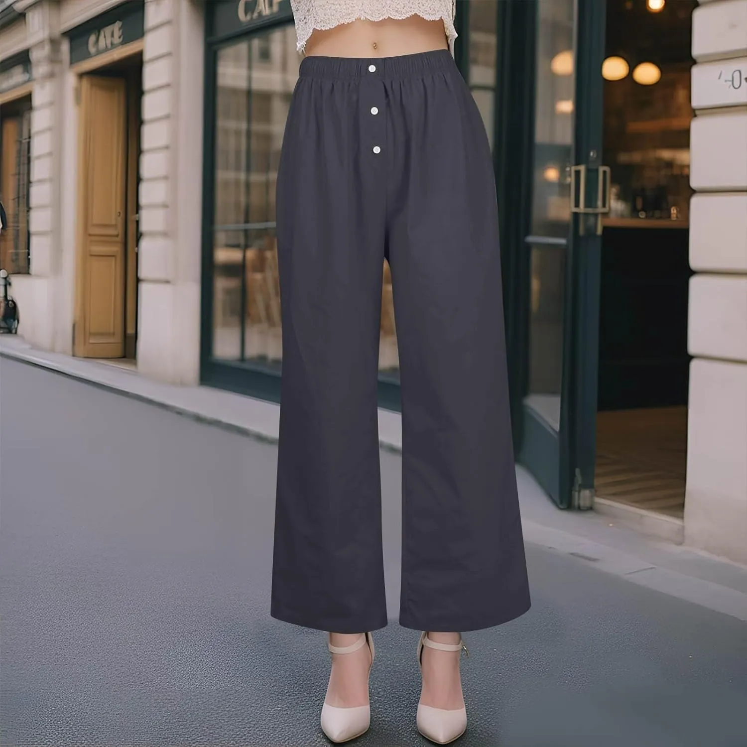 Women's Linen Pants Summer Wide Pants High Waist Trouser Loose Palazzo Pant Dressy with Pockets (S-2Xl)