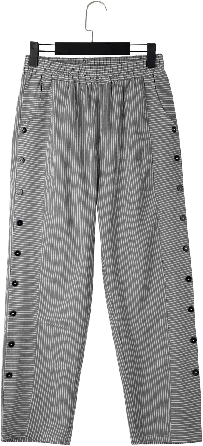 Womens Linen Pants with Pockets Loose Elastic High Waisted Comfy Beach Trousers Striped Side Button Casual Pants