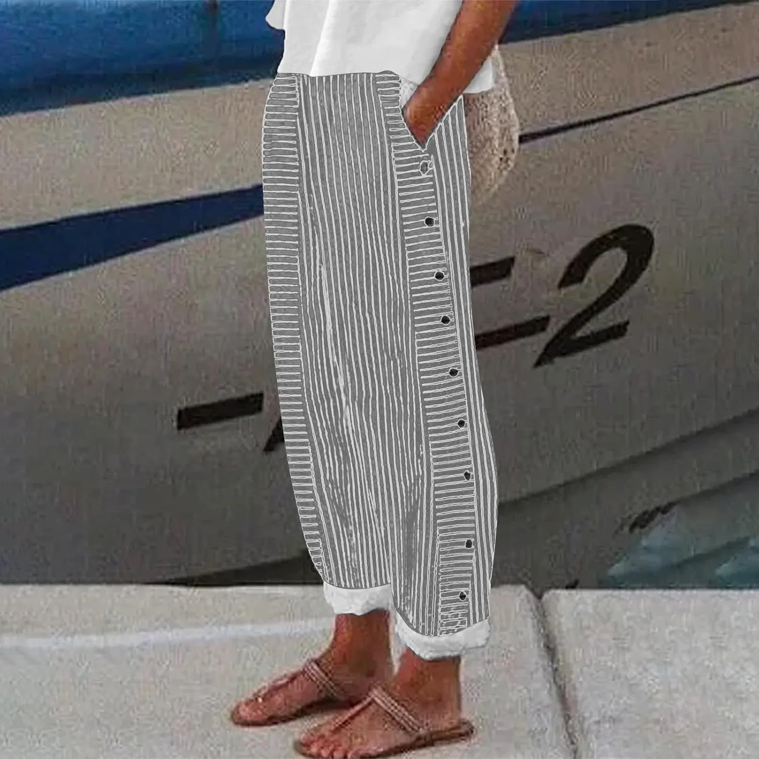 Womens Linen Pants with Pockets Loose Elastic High Waisted Comfy Beach Trousers Striped Side Button Casual Pants