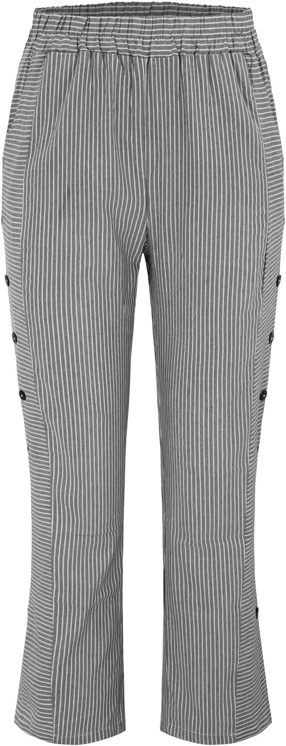 Womens Linen Pants with Pockets Loose Elastic High Waisted Comfy Beach Trousers Striped Side Button Casual Pants