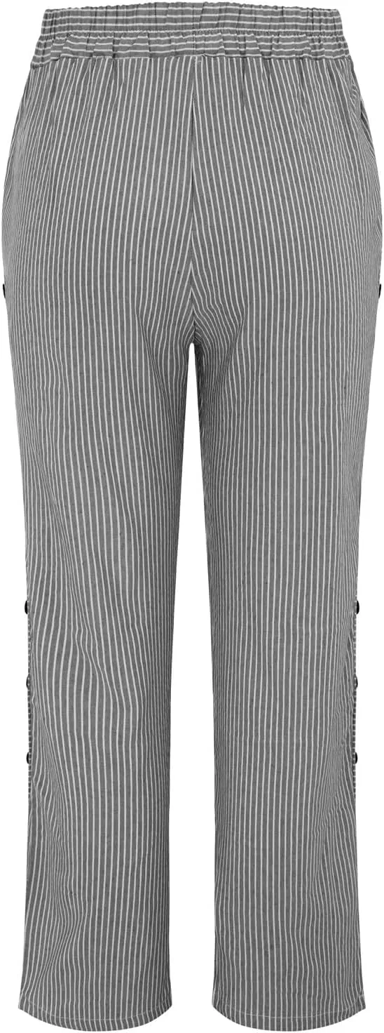 Womens Linen Pants with Pockets Loose Elastic High Waisted Comfy Beach Trousers Striped Side Button Casual Pants