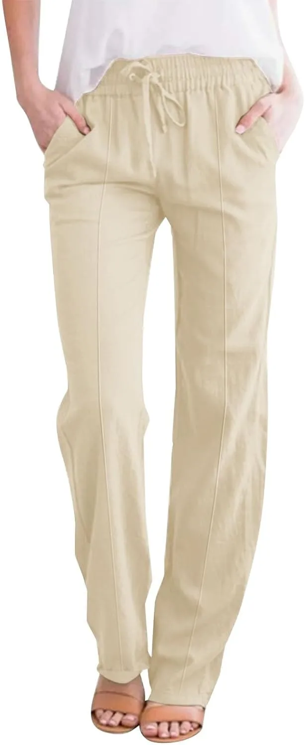 Women's Linen Pants Women's Relax Fit Linen Pants - Lightweight Summer Casual Trousers with Elastic Waist