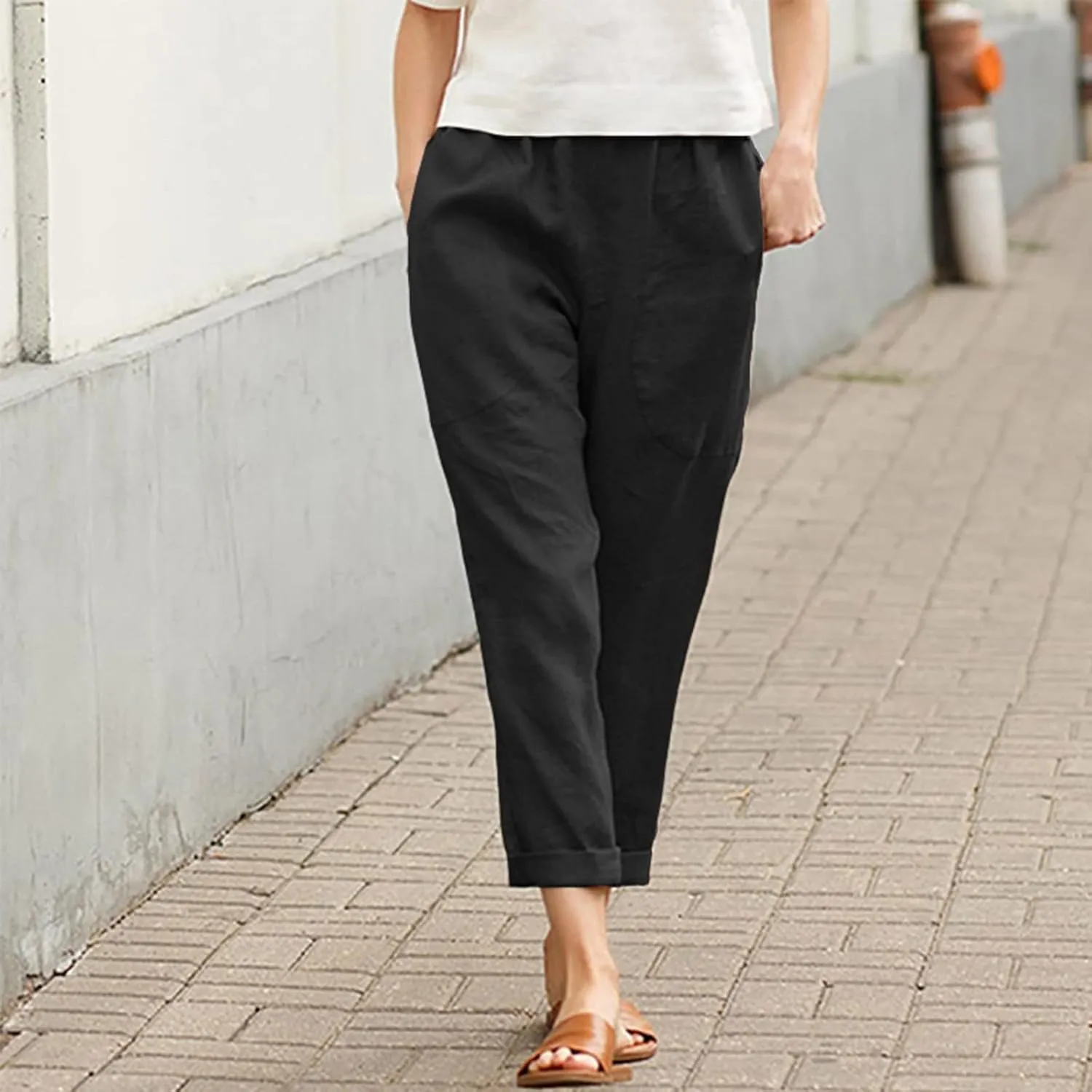 Women's Linen Summer Baggy Pant Trousers Elastic Waisted Wide Leg Loose Fit Trousers Vacation
