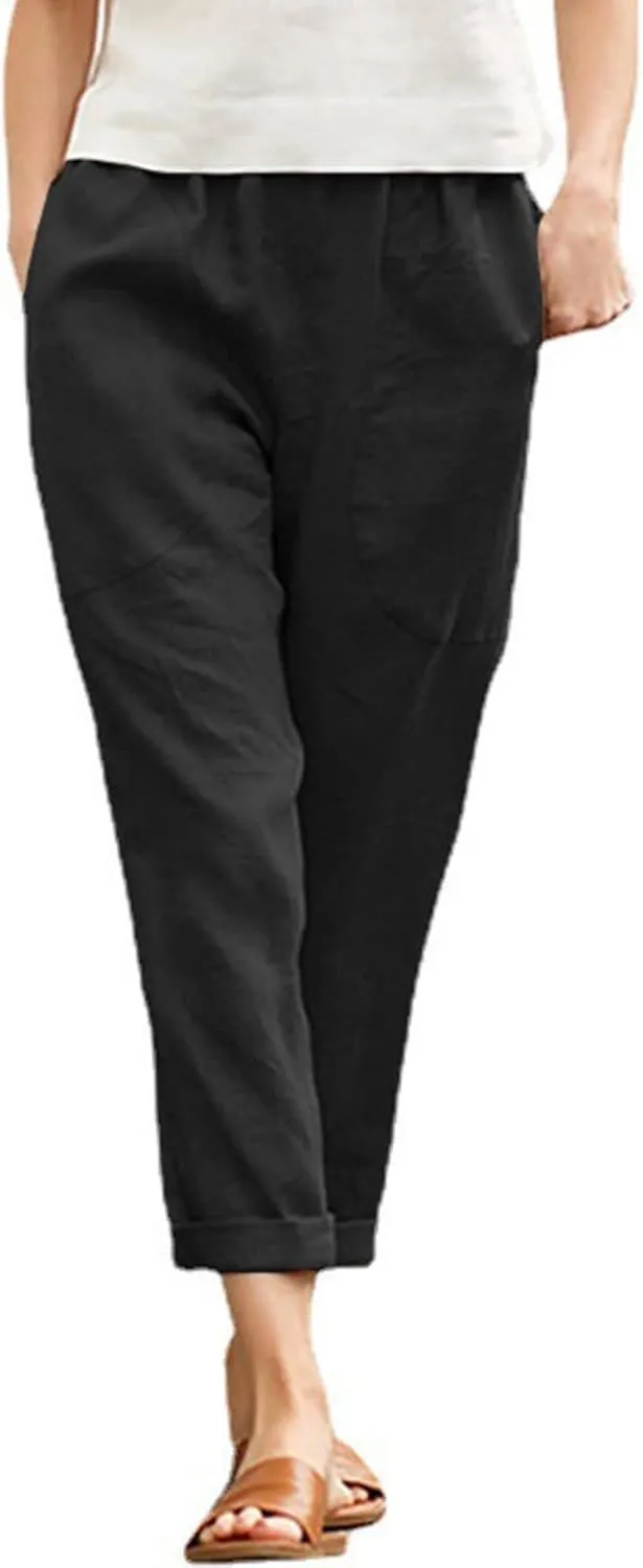 Women's Linen Summer Baggy Pant Trousers Elastic Waisted Wide Leg Loose Fit Trousers Vacation