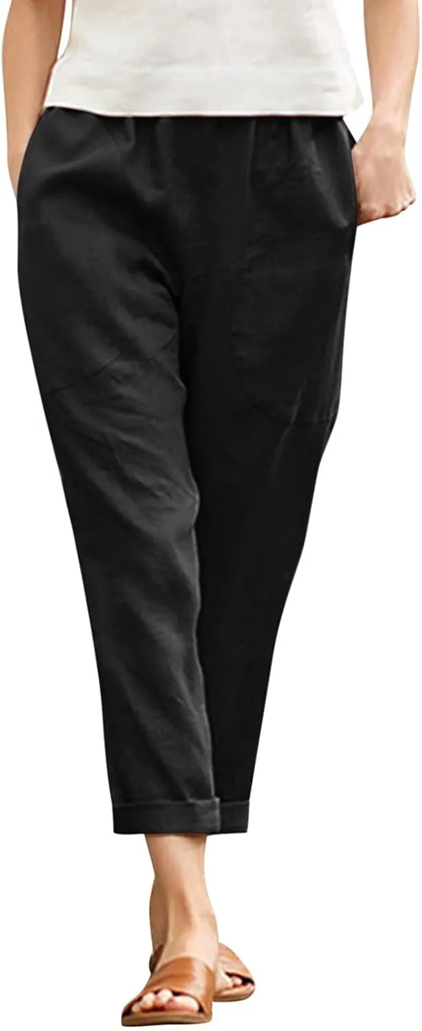 Women's Linen Summer Baggy Pant Trousers Elastic Waisted Wide Leg Loose Fit Trousers Vacation
