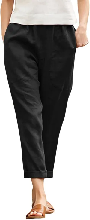 Women's Linen Summer Baggy Pant Trousers Elastic Waisted Wide Leg Loose Fit Trousers Vacation