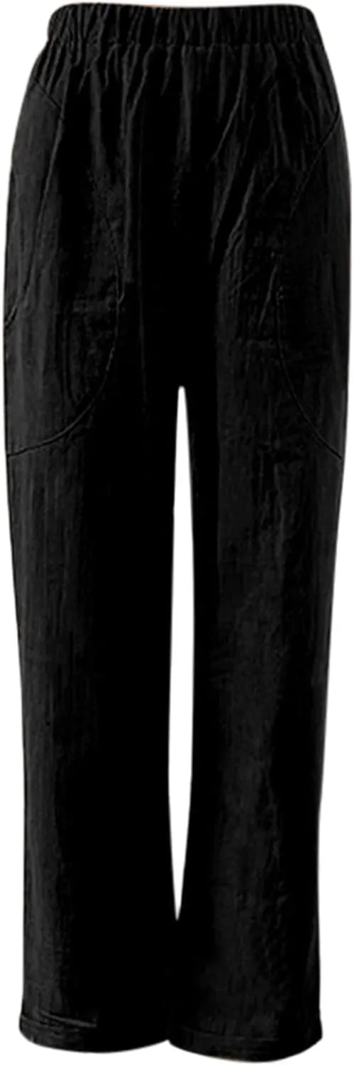 Women's Linen Summer Baggy Pant Trousers Elastic Waisted Wide Leg Loose Fit Trousers Vacation
