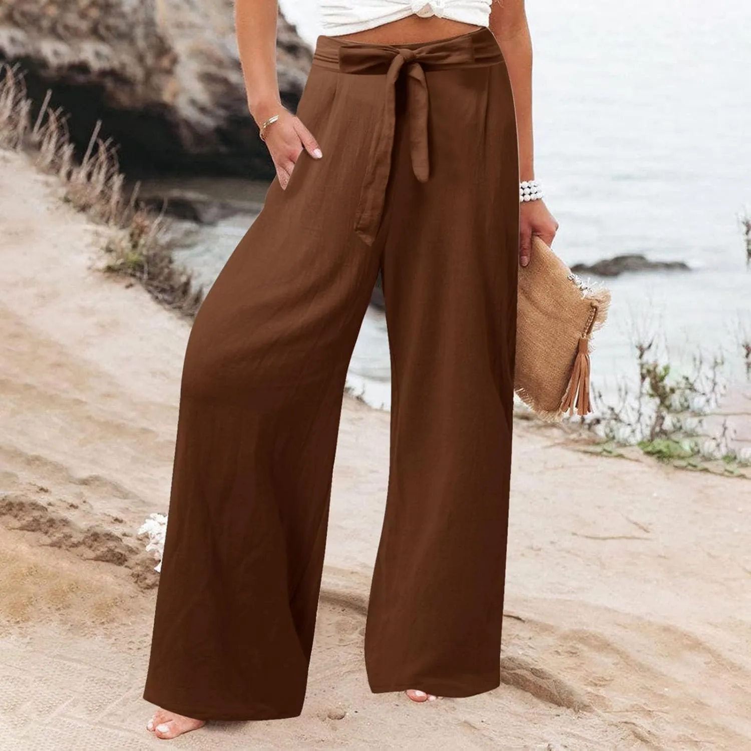 Womens Linen Summer Flowy Pants Elastic Waist Lounge Pants Slim Fit Trouser Travel