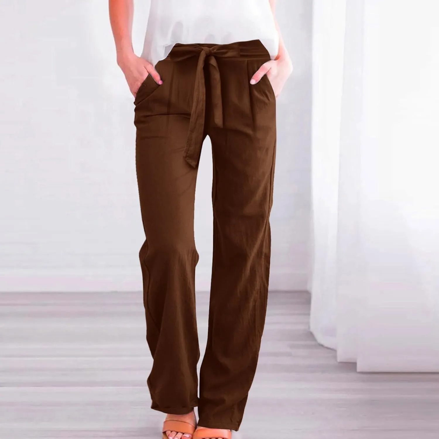 Womens Linen Summer Flowy Pants Elastic Waist Lounge Pants Slim Fit Trouser Travel