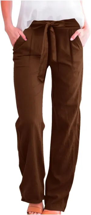 Womens Linen Summer Flowy Pants Elastic Waist Lounge Pants Slim Fit Trouser Travel