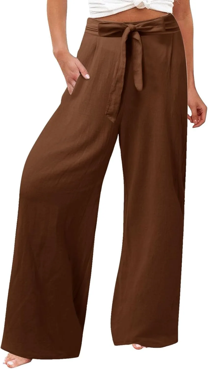 Womens Linen Summer Flowy Pants Elastic Waist Lounge Pants Slim Fit Trouser Travel