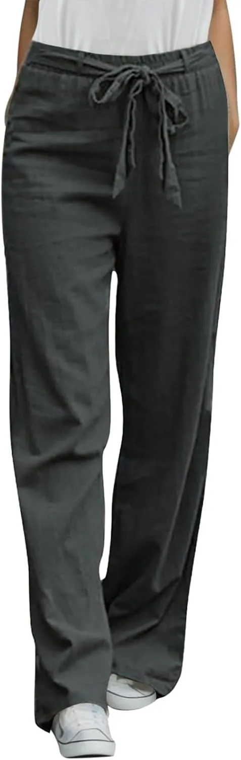 Womens Linen Summer Letter Patched Palazzo Pants High Waist Wide Leg Plus Size Palazzo Lounge Pants Vacation