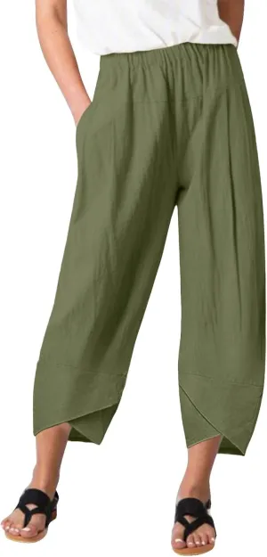 Women's Linen Summer Palazzo Pant Trousers Elastic Waisted Ankle Length Plus Size Palazzo Pants Work Business