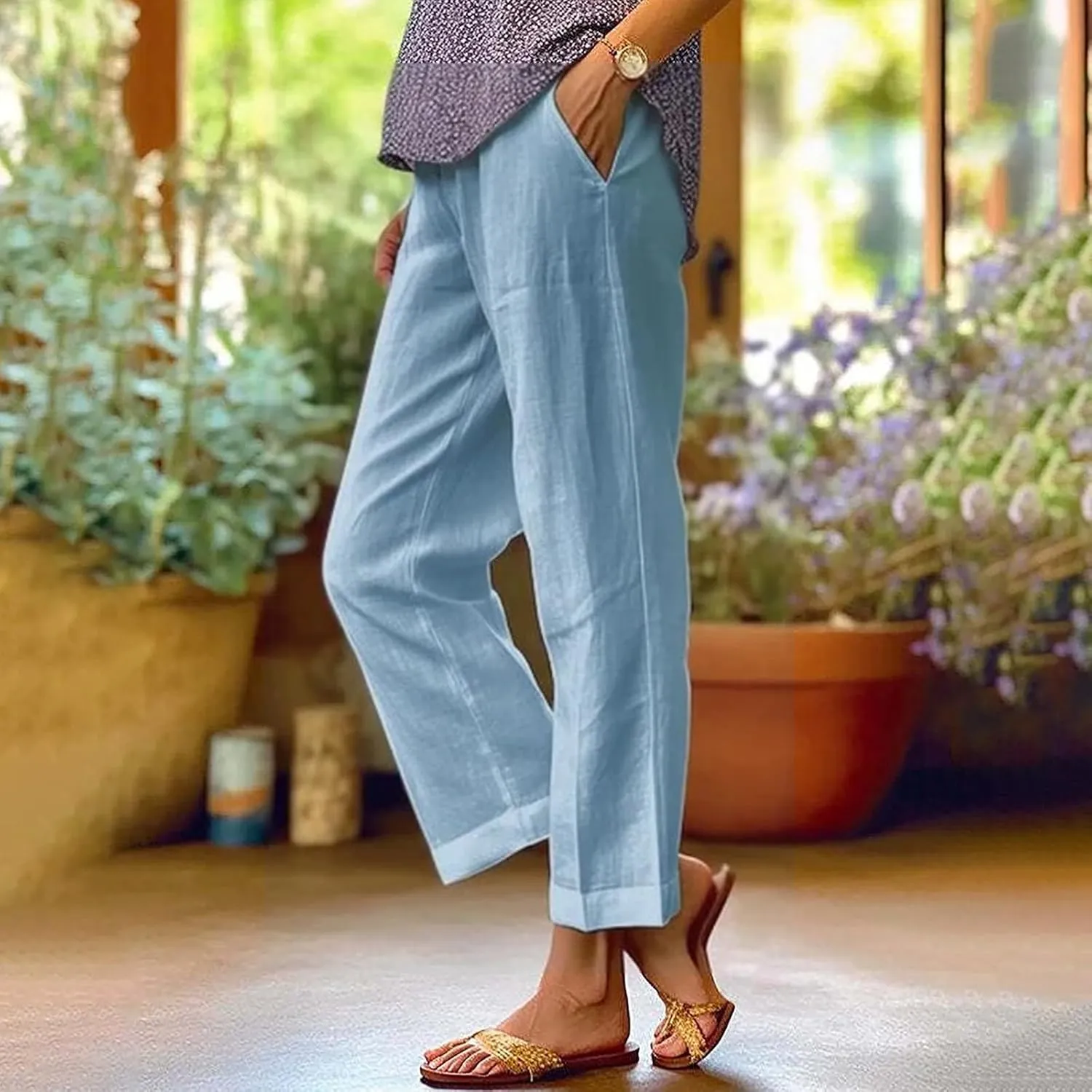 Women's Linen Summer Palazzo Pants Pants Long Drawstring Linen Women Waist Cotton Casual Pants Casual Wide Leg