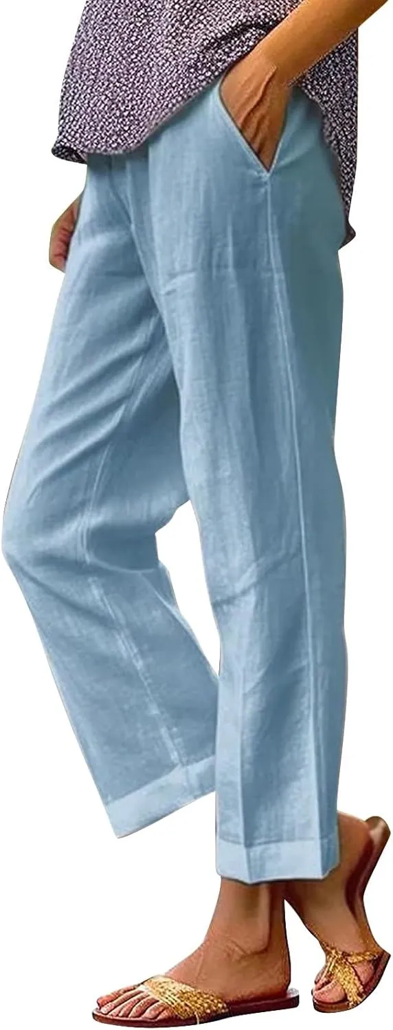 Women's Linen Summer Palazzo Pants Pants Long Drawstring Linen Women Waist Cotton Casual Pants Casual Wide Leg