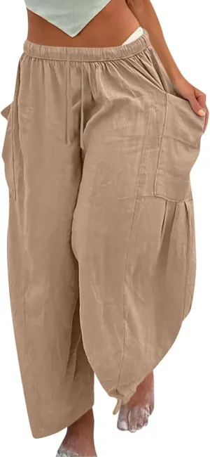 Women's Linen Wide Leg Baggy Pants 2024 Summer Casual Elastic Waisted Drawstring Beach Palazzo Harem Pants Trousers