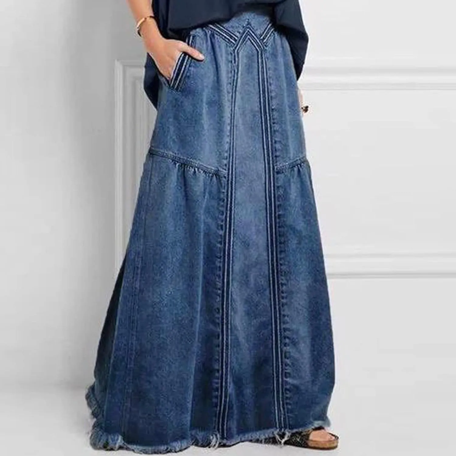 Womens Long Denim Skirt Retro A-Line Stretch Jean Skirt for Women High Waisted Casual Denim Maxi Skirt with Pockets