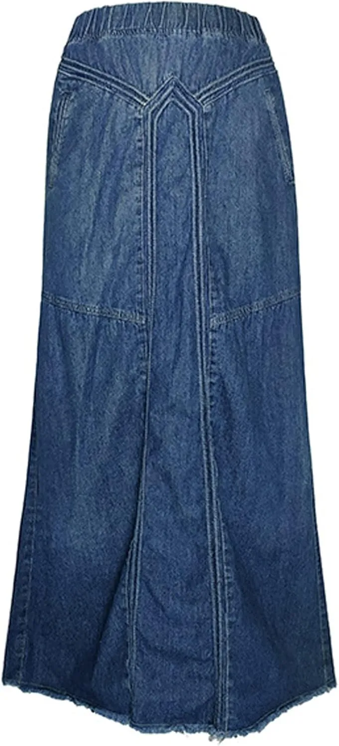 Womens Long Denim Skirt Retro A-Line Stretch Jean Skirt for Women High Waisted Casual Denim Maxi Skirt with Pockets