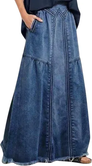 Womens Long Denim Skirt Retro A-Line Stretch Jean Skirt for Women High Waisted Casual Denim Maxi Skirt with Pockets