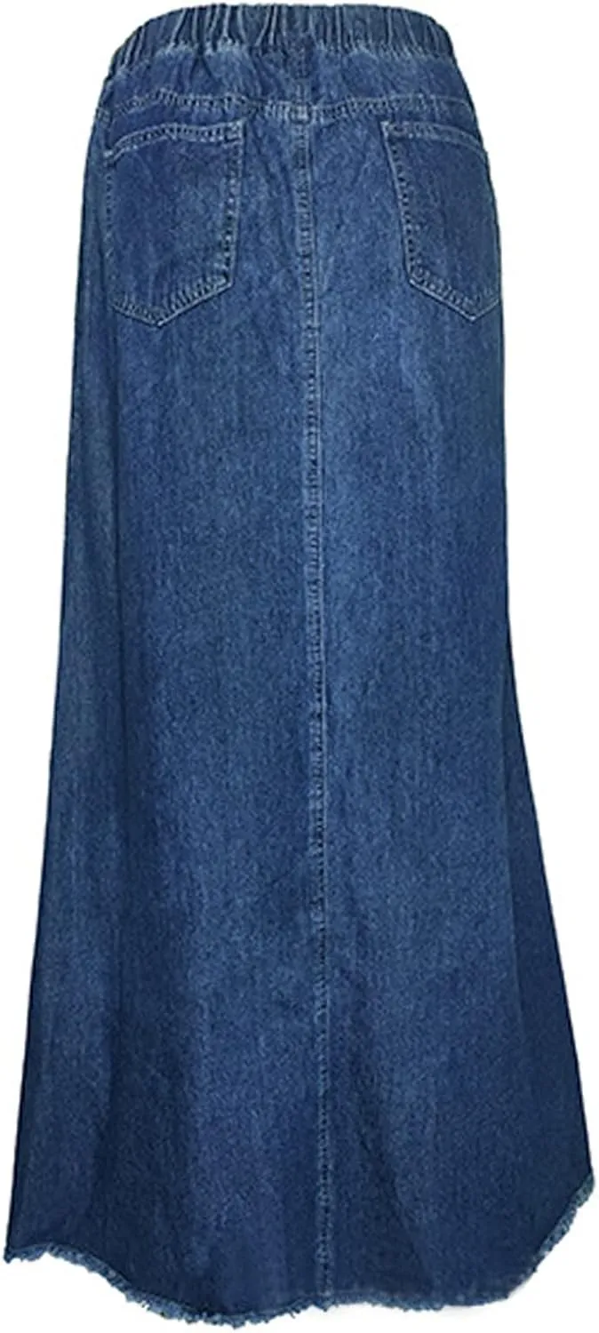 Womens Long Denim Skirt Retro A-Line Stretch Jean Skirt for Women High Waisted Casual Denim Maxi Skirt with Pockets
