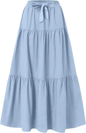 Womens Long Maxi Skirts Fashion Tiered Pleated A-Line Skirt Drawstring Waist Loose Solid Beach Travel Clothes 2025