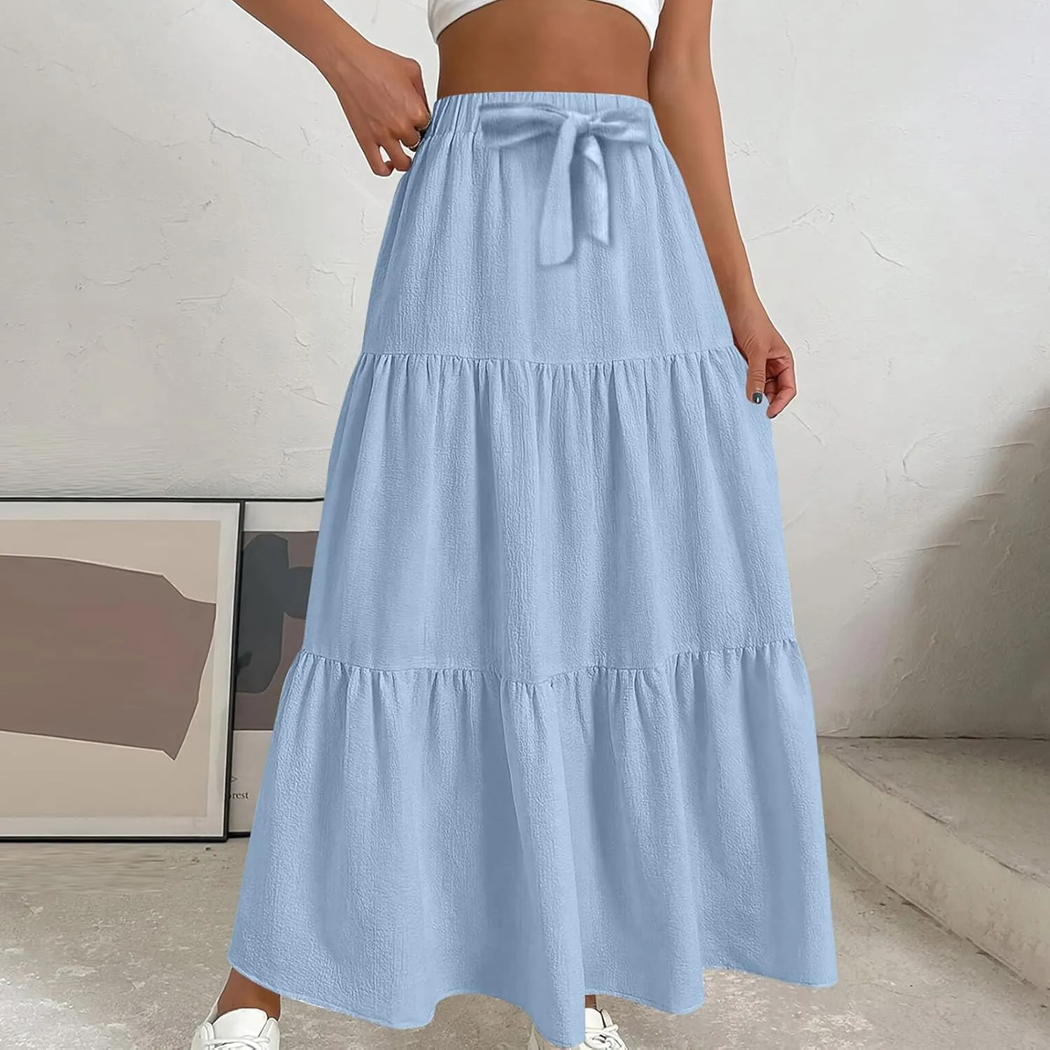 Womens Long Maxi Skirts Fashion Tiered Pleated A-Line Skirt Drawstring Waist Loose Solid Beach Travel Clothes 2025